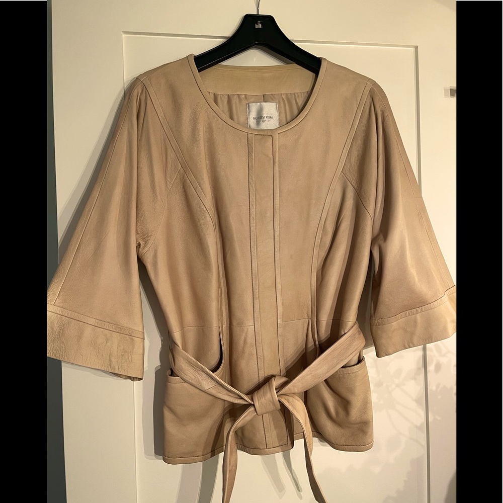 Nordstrom brand tan leather jacket.